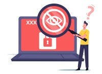 Tiny Male Character Browsing in Internet Network Searching Sensitive Adult Content. Man with Huge Magnifier Look on Laptop Screen with Crossed Eye and Lock, Xxx Movie. Cartoon Vector Illustration